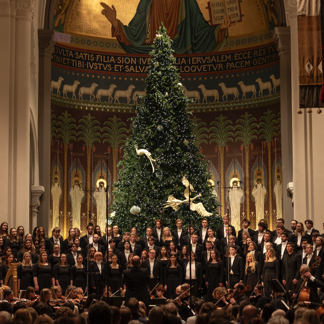 A large choir performs in front of a decorated Christmas tree inside a grand hall. Musicians are seated in front of the choir, and an audience is visible in the foreground. The hall has ornate decor with a painted dome and pillars.